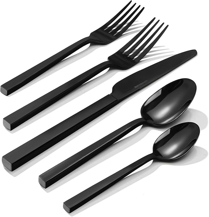 Black Silverware Set for 6, 30 Piece Flatware Set, Stainless Steel | Square Handles, Mirror Polished, Dishwasher Safe, Sturdy, for Home Kitchen, Weddings, Parties & Housewarming