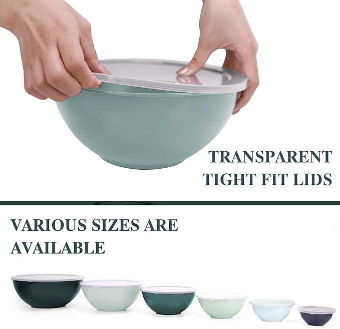 BoxedHome BPA Free Plastic Round Mixing Bowl with Lids, 12 Pack Nesting Bowls with Lids Set, Microwave and Dishwasher Safe Prep & Serving Bowls Great for Mixing, Baking, Serving (Green, 12pcs)