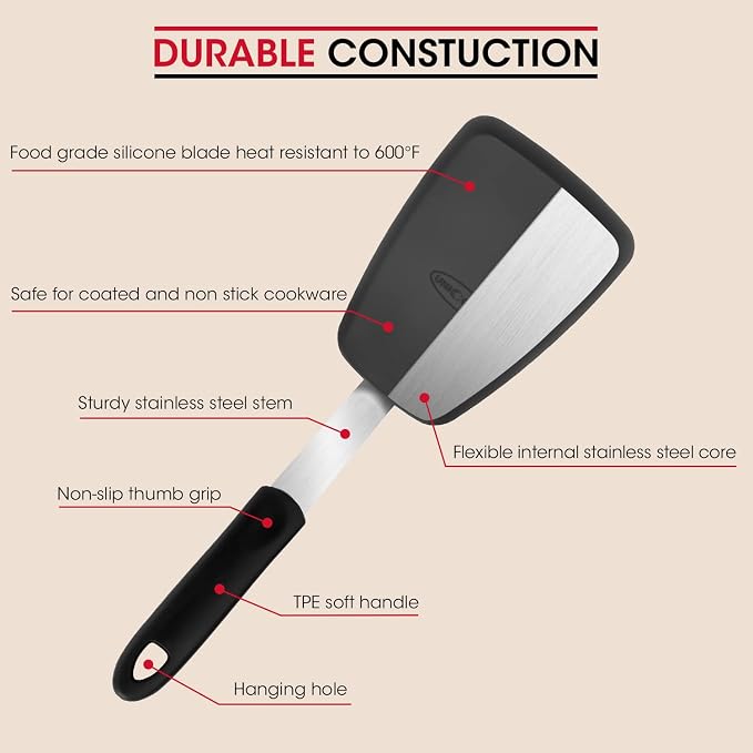 Unicook 4 Pack Flexible Silicone Spatula, Turner, 600F Heat Resistant, Ideal for Flipping Eggs, Burgers, Crepes and More, Black