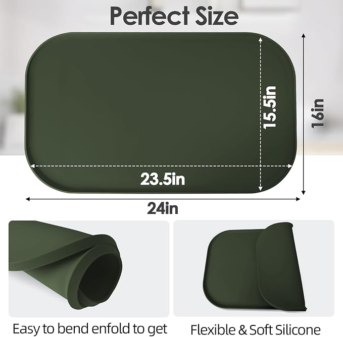 Silicone Coffee Maker Mat with Lip for Countertops, 24'' x 16'' Dark Green | Multi leak-proof coffee tray for countertop, non-slip silicone mat fits most coffee makers & espresso machines, wipe-clean
