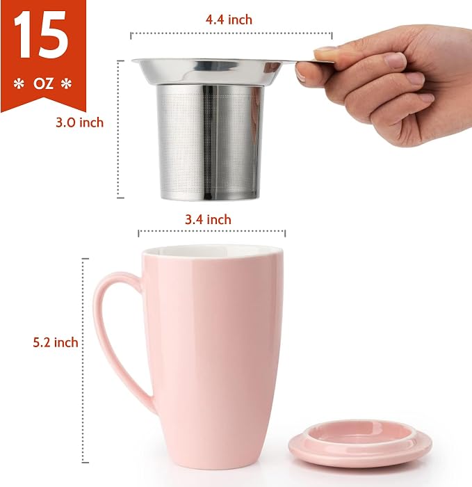Sweese 15 OZ Porcelain Tea Mug with Infuser and Lid, Loose Leaf Tea Cup, Gifts for Tea Lover, Pink