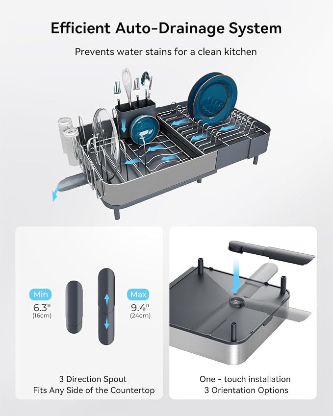 Expandable Dish Drying Rack, Versatile Brackets for Pots & Pans, Space Saving Kitchen Drying Rack, Dish Racks for Kitchen Counter, Stainless Steel Dish Drainers with Extendable Spout, Gray