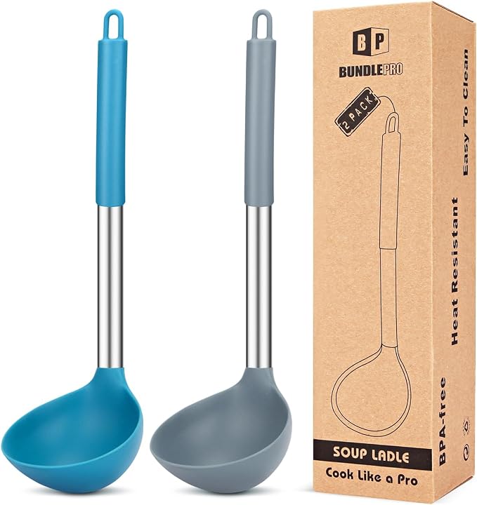 BUNDLEPRO Silicone Ladle Spoon Kitchen Utensils, 2 Pack, Grey-Blue | Non Stick, High Heat Resistant, BPA Free, Ideal for Cooking, Stirring,Serving Soups