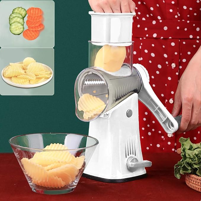 Hand Crank Rotary Cheese Grater Vegetable Shredder Slicer with 5 Blades | Strong sunction base, 5 interchangable sharp drum blades meet various cooking needs, shred block of cheese in seconds