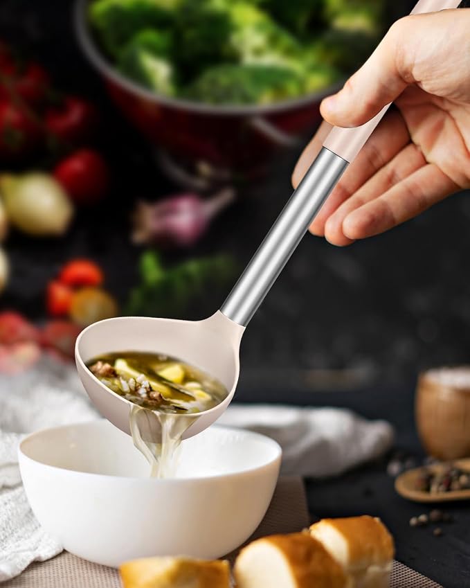 BUNDLEPRO Silicone Ladle Spoon Kitchen Utensils, 2 Pack, Black-Khaki | Non Stick, High Heat Resistant, BPA Free, Ideal for Cooking, Stirring,Serving Soups