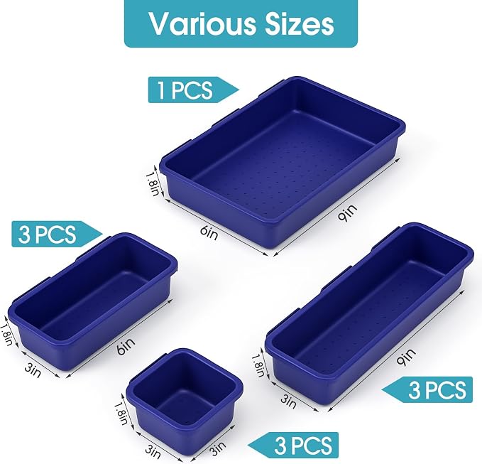 10 PCS Drawer Organizer Set, 4 Size Makeup Drawer Divider Organizer With Non-Slip Pads, Interlocking Plastic Storage Bins for Office,Jewelry Vanity,Gadgets, Bathroom,Kitchen, Navy
