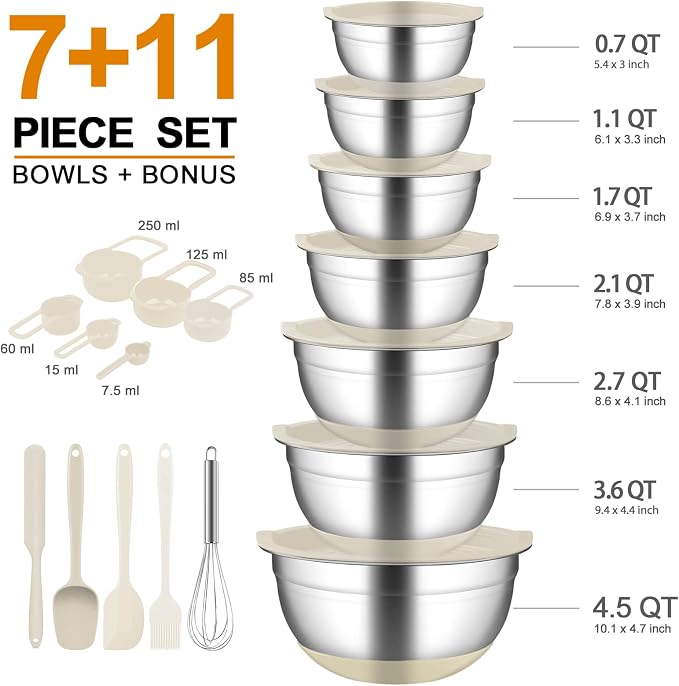 Mixing Bowls with Airtight Lids, 18pcs Stainless Steel Mixing Bowls Set | Nesting Non-slip Silicone Bowls Bottom, Size 4.5, 3.6, 2.7, 2.1, 1.7, 1.1, 0.7 qt, Fit for Mixing & Serving(Khaki)