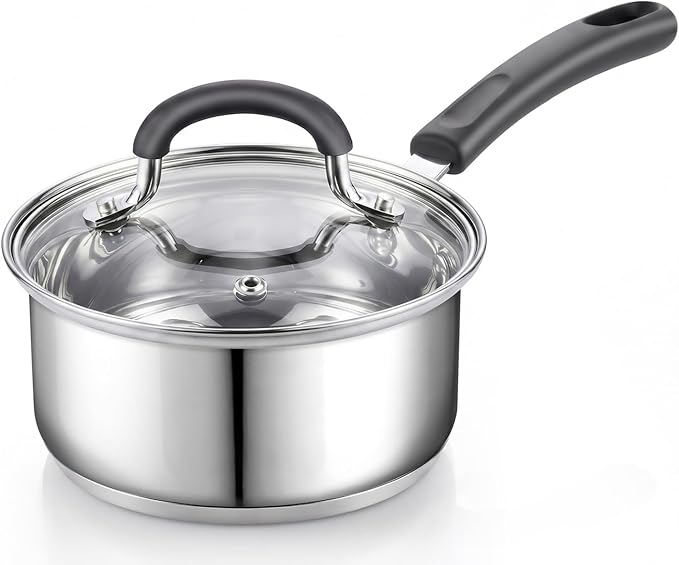 Cook N Home Professional 1 Quart Stainless Steel Saucepan with Lid, Small Kitchen Induction Cooking Sauce Pot Pan, Stay-Cool Silicone Handle, Dishwasher Safe