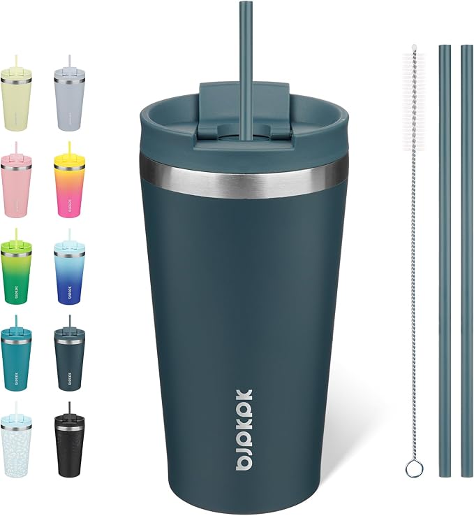BJPKPK 18 oz Coffee Tumbler with Straw, Insulated Stainless Steel Cup | Double Wall Vacuum, Leak Proof, Keeps Hot/Cold, BPA Free, Dishwasher Safe, Cupholder Friendly, Travel, Navy Blue