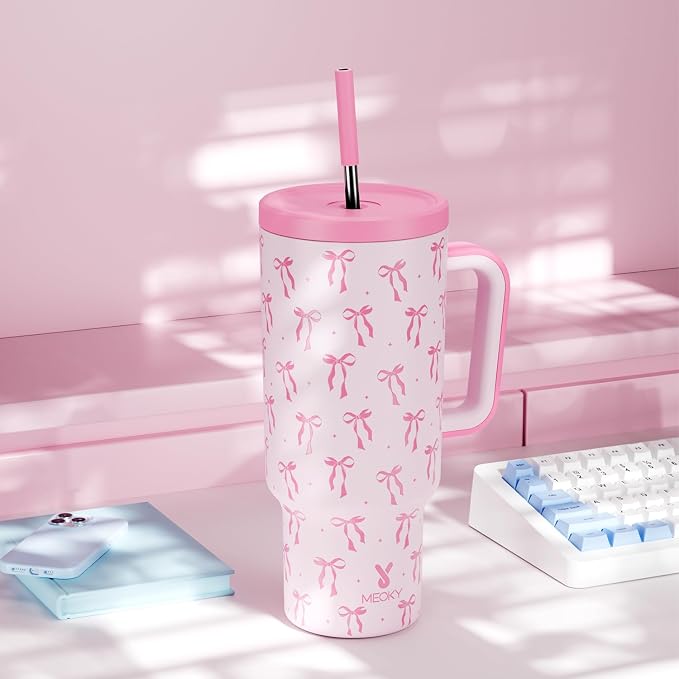 Meoky 40 oz Tumbler with Handle and Straw: Stainless Steel Insulated Tumbler with Lid and Straw - 100% Leak Proof Tumbler for Car Cup Holders - Travelers Commuters Workers, Bow