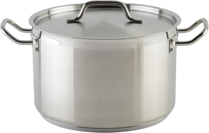 Winco Silver 12 qt Stainless Steel Stock Pot with Cover | Dishwasher safe, Heavy-duty, Tri-ply construction, Riveted handles, Wide base, Great for Stocks, Soups and Batch Cooking