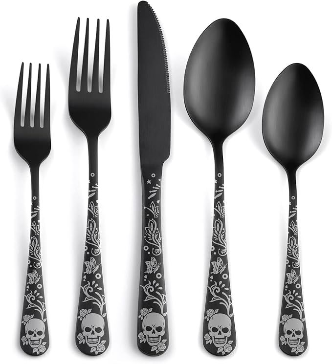 40 Piece Skull Pattern Matte Silverware Set for 8, Black Flatware set Service for 8,Gothic Unique Skull Pattern Design,18/0 Stainless,Satin Finish Cutlery for 8,Dishwasher Safe