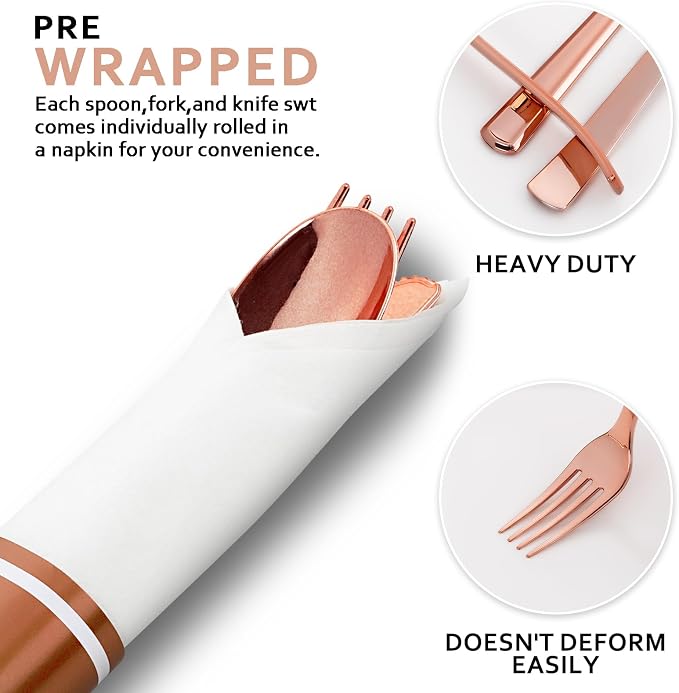 400PCS Pre Rolled Rose Gold Plastic Silverware Heavy Duty for Party | Individually Wrapped Utensils, 100 Guests, Durable and Sturdy, BPA free, Includes Matching Napkins, for Glamorous Weddings