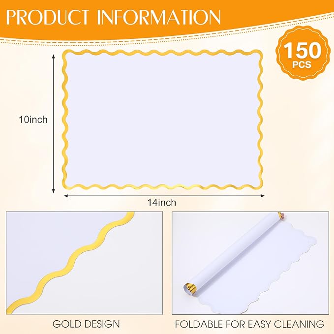 FoldTier 150 Pcs Disposable Paper Placemats Bulk 10"x14" Rectangle Place Mats with Scalloped Edges Dining Table Mat for Wedding Birthday Party Table Decoration(White)