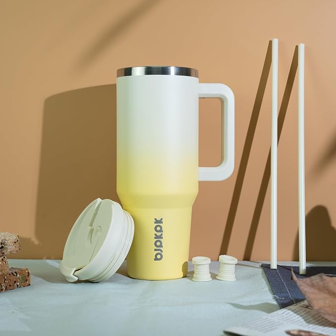 BJPKPK 30 oz Insulated Tumbler with Handle & Straw, Stainless Steel | Double Wall Vacuum Insulation, Leak Proof, BPA Free, Dishwasher Safe, Cupholder Friendly, Travel & Outdoor, Lemon