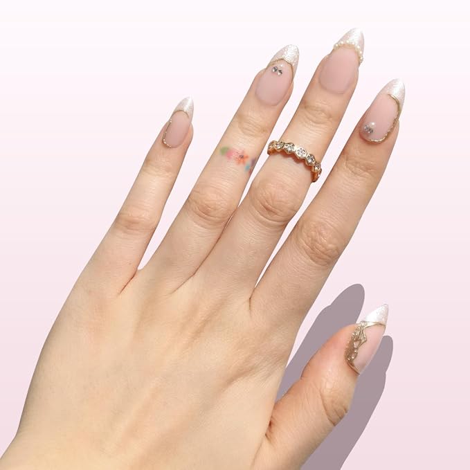 Nail Reformation Press On Nails, French Tip Nude Medium Almond Fake Nails | with Pearl & Sparkling Gems in Glossy Finish, Salon Quality, Reusable Stick On Nails in 15 Sizes 30 Nail Kit for Women Gifts