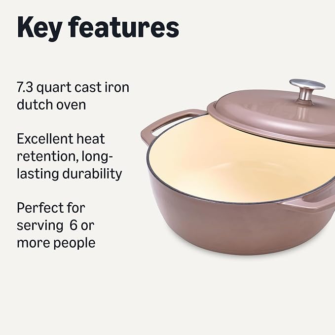Amazon Basics Cast Iron Dutch Oven Pot with Lid, Enameled, Dual Handles, Heavy-Duty, Large, 7.3-quart, Clay