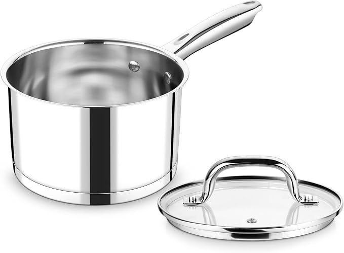 P&P CHEF 2 Qt Saucepan with Lid, Stainless Steel Small Cooking Pot, 1 Pan | Sauce Pan for Pasta, Soup, Tri-ply Base for Induction, Gas, Ceramic, Oven & Dishwasher Safe, Ergonomic Handle & Multi-use