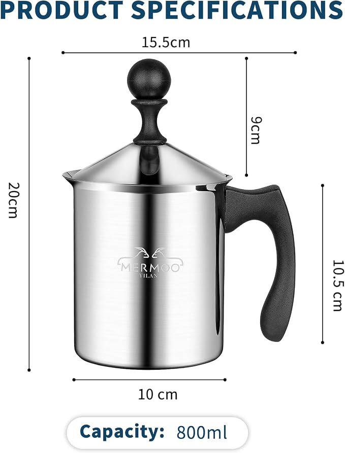 MERMOO YILAN Manual Milk Frother 27oz Stovetop Milk Foamer | for Dairy&Non-dairy milk| Cold&Hot Milk|Not Require Batteries|Thick&Creamy Foam|for Cappuccinos, Lattes, Matcha