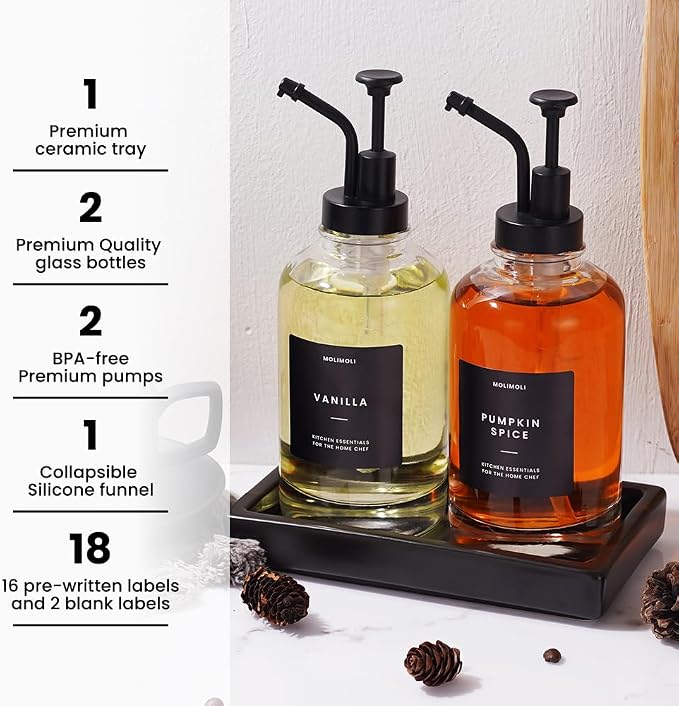 Coffee Syrup Dispenser - Glass Bottle with Pump, Maple/Coffee Syrup, Labels and Tray