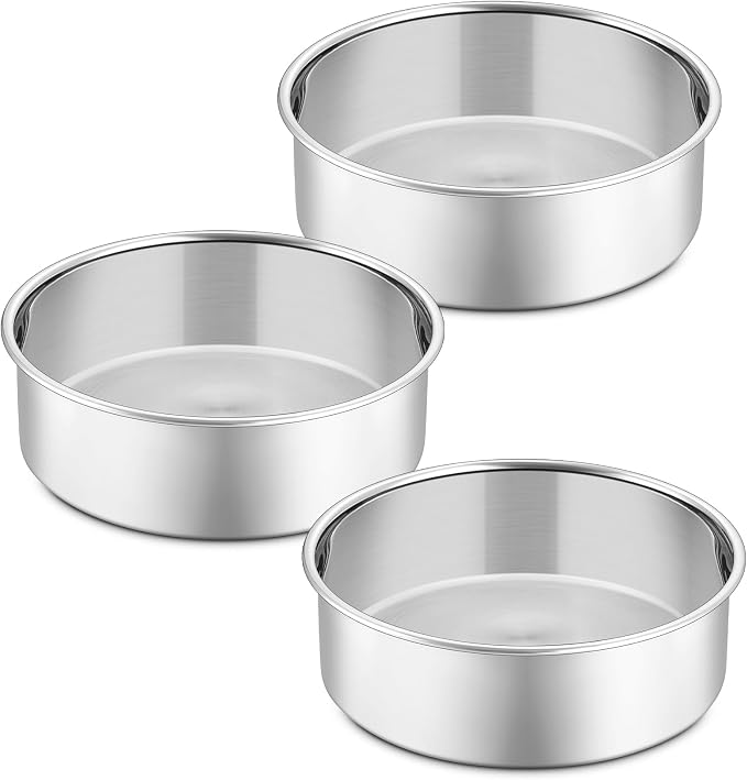 P&P CHEF 5 Inch Round Cake Pan Set of 3, Stainless Steel Baking Cake Pans | Round Baking Cake Pan Bakeware for Layer Birthday Cake, Fit Oven/Pots/Pressure Cooker, Leakproof & Dishwasher Safe, Silver