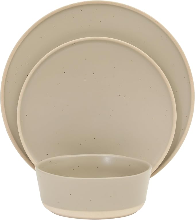 Gibson Elite Humphrey Lane 12 Piece (Service for 4) Plates and Bowls Reactive Glaze Dishes Stoneware Ceramic Dinnerware Set - Taupe