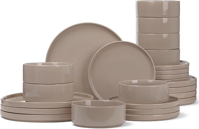 Famiware Nebula Plates and Bowls, 24-Piece Dinnerware Set, Cinnamon Brown | Stoneware Dish Set for 8, Dishwasher and Microwave Safe, Chip and Scratch Resistant