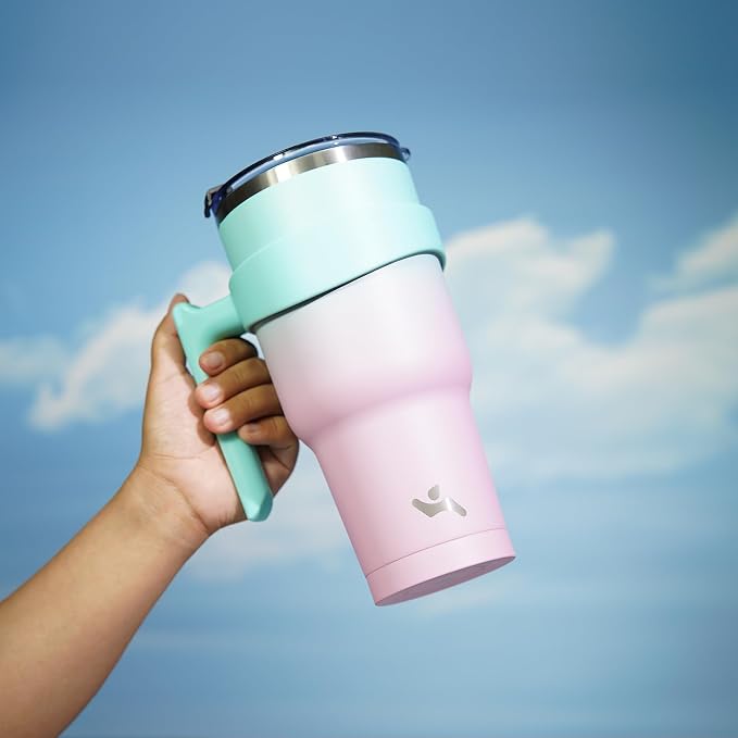 Konokyo 30 oz Tumbler with Handle and Straw, Insulated Travel Mug | Gum; BPA-free, leak-proof tumbler with 2 lids, 2 straws, cup holder fit for coffee, office, travel & daily use