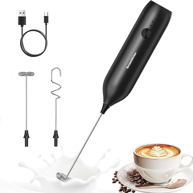 Bonsenkitchen Rechargeable Milk Frother Handheld, Charging USB-C | Electric Foam Maker with Stainless Steel Whisk, Portable Hand Wand Drink Mixer for Coffee Matcha Lattes Cappuccino