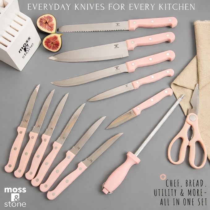 Moss & Stone Pink 14 Pcs Kitchen Knife Set with Block, Stainless Steel | Premium forged kitchen knives with high-carbon sharp blades, ergonomic handle, rust-resistant knife block set for home & chef