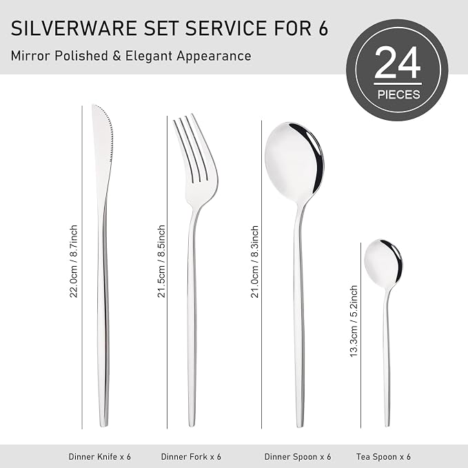 Silver Silverware Set, 24-Piece Stainless Steel Flatware Set Service For 6, Mirror Polished Tableware Cutlery Set Knife Fork And Spoon For Home & Restaurant, Dishwasher Safe