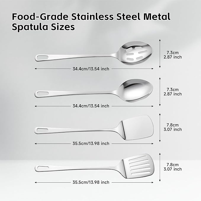 Cooking Utensils Set, 4PCS Stainless Steel Spatula, Dishwasher Safe | Metal Kitchen Utensils Set, Heat Resistant Solid & Slotted Turner, Serving & Slotted Spoons for Flipping Fish, Eggs, Pancakes