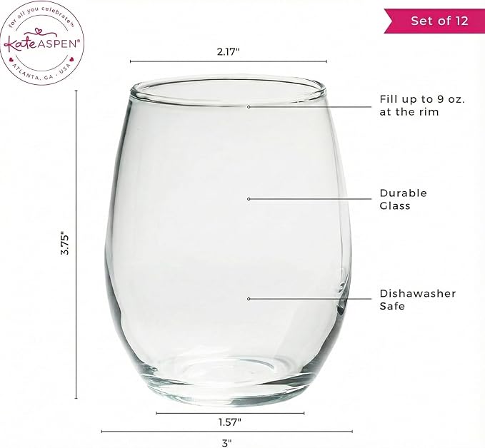 Kate Aspen 9 oz Stemless Drinkware Set of 12 - Clear Glass Cups for DIY Crafts, Party Favors, Bridal Events, Red or White Stemware, Small Tumblers, Decorative Barware, Unique Table Gifts
