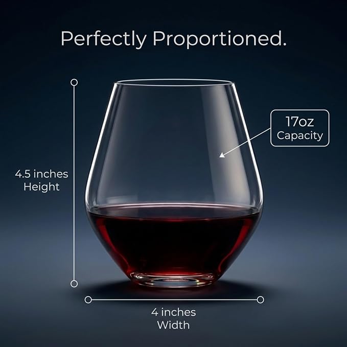 Godinger Wine Glasses, Stemless Wine Glasses, Red Wine Drinking Glasses, Stemless Wine Glass - 17oz, Set of 4 - Made in Europe
