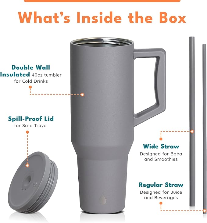 Elemental Spill Proof 40oz Insulated Tumbler with Handle & Straw Travel Mug | Stainless Steel Commuter Travel Coffee Mug for Cold Beverages, Includes 2 Straws & a Spill Proof Lid for Everyday Use