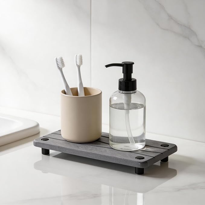 Water Absorbing Stone Sink Tray, 8" Diatomite Tray for Kitchen Bathroom Vanity, Fast Drying Stone Drying Caddy for Soap Dispenser, Sponge Holder with Wavy Groove Design