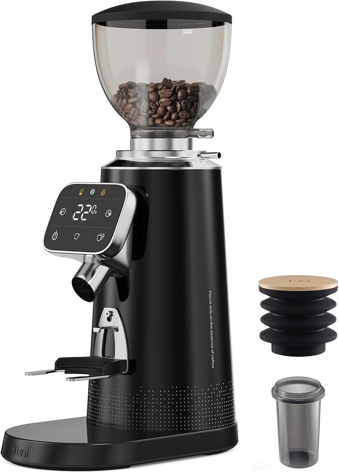 Tuni G3 64mm Flat Burr Coffee Grinder with 100 Grind Settings, Black | Electric Espresso Grinder with Single Dose, Commercial Grade, Anti-Static Tech, Touchscreen Display, Stainless Steel