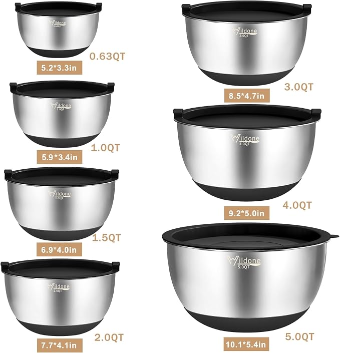 Wildone Mixing Bowls with Airtight Lids, Stainless Steel Nesting Bowls Set | Metal Bowls with 3 Grater Attachments, Non-Slip Bottom, Size 5, 4, 3, 2, 1.5, 1, 0.63QT, Include Utensil Set for Prep, Black