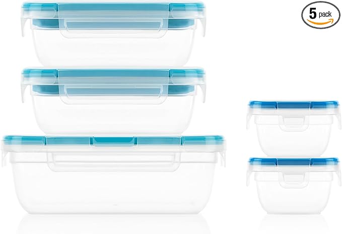 Snapware Plastic Total Solution (5-Pack, Mixed Sizes) Food Storage Set | Meal prep containers with plastic BPA-free lids with 4 locking tabs, microwave, dishwasher, & freezer safe