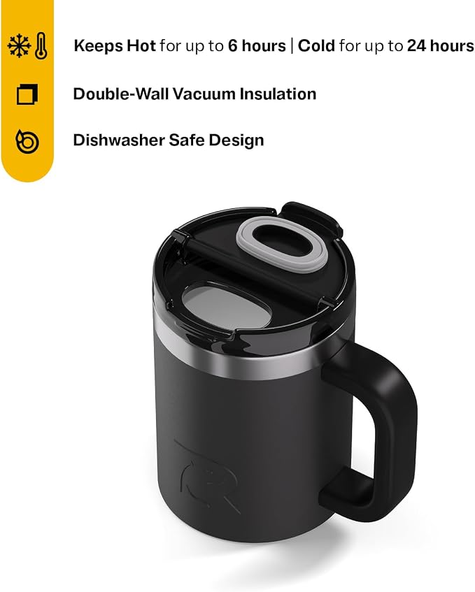 RTIC 12oz Essential Mug with Lid and Handle, Ceramic Lined, Black | Stainless Steel Metal, Insulated Travel Cup for Hot and Cold Drinks, Coffee, Car, Camping and Travel