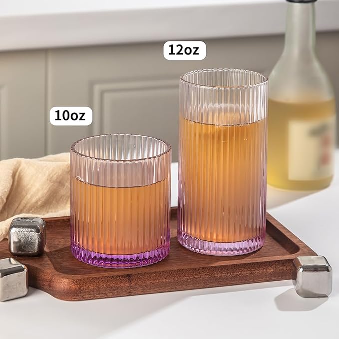 Ribbed Drinking Glasses 8pcs, 12oz and 10oz Glassware, Tumbler Glasses Cup Set for Wedding, Party, Christmas Gift, Purple
