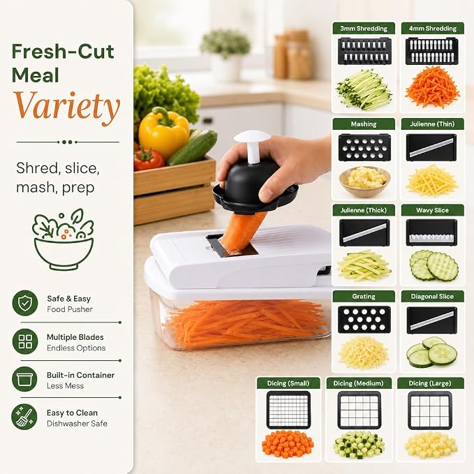 Vegetable Chopper, 15-in-1 Food Chopper with Container, Mandoline Slicer Dicer, Onion Chopper, Vegetable Cutter with Interchangeable Blades, Kitchen Gadget for Meal Prep, Fruits Veggies