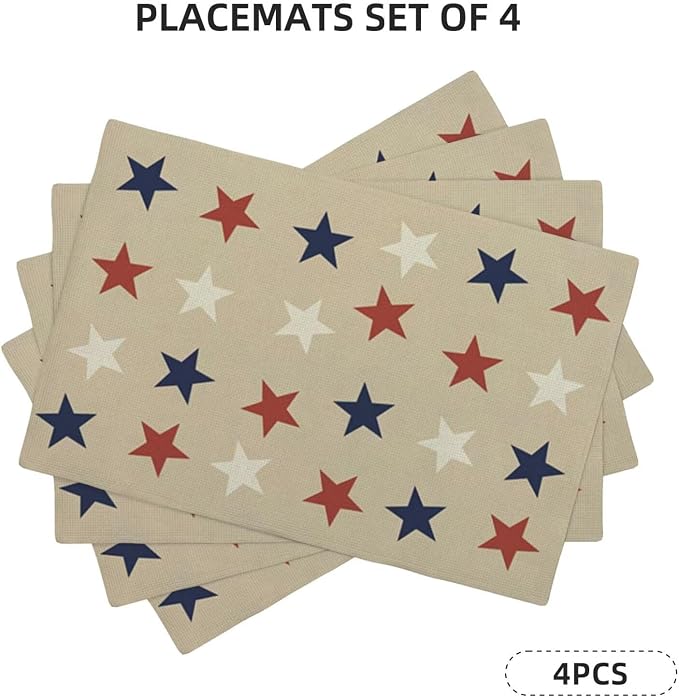 4th of July Placemats Set of 4, Independence Day Blue Red White Stars Patriotic Decorative Table Mat 12 x 18 Inch Heat Resistant Non Slip Line Fabric Place mat for Holiday Party Kitchen Dining