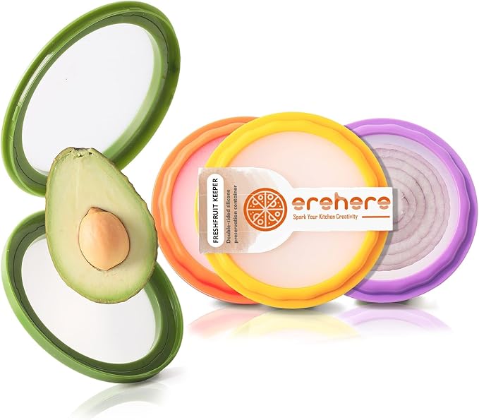 Silicone Food Storage Containers, 4Pcs Avocado Saver Produce Holder | Keep avocados fresh! Reusable Onion Storage for tomato, lemons, garlic & potato. Fresh fruit fridge organizers.
