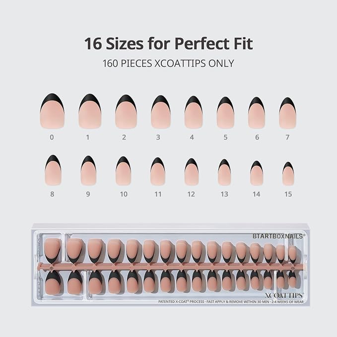 BTArtboxnails XCOATTIPS Black French Tip Press On Nails, S Almond, Peach | Lamp-Curable, 4-Week Wear, Natural Nail Look, Salon Quality Value at Home, Easy-to-Apply for Beginners, 160ct Nail Tips Only