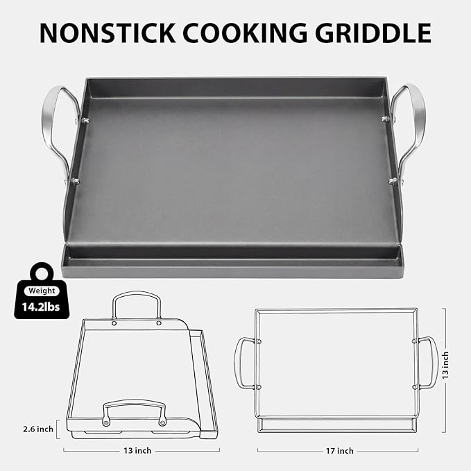 Utheer 17 x 13 Nonstick Cast Iron Griddle for Gas Grill, Flat Top Plate | Fits Weber, Nexgrill, Charbroil, Camp Chef and Kenmore grills for outdoor cooking, breakfast, burgers and flat-top meals