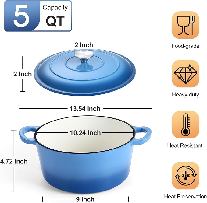 P&P CHEF 5QT Enameled Dutch Oven, Dutch Oven Pot for Bread Baking, Blue | 5 Quart Enameled Cast Iron Casserole Pot with Lid, for Roasting Braising Stewing Frying Simmering, Work on Various Stoves
