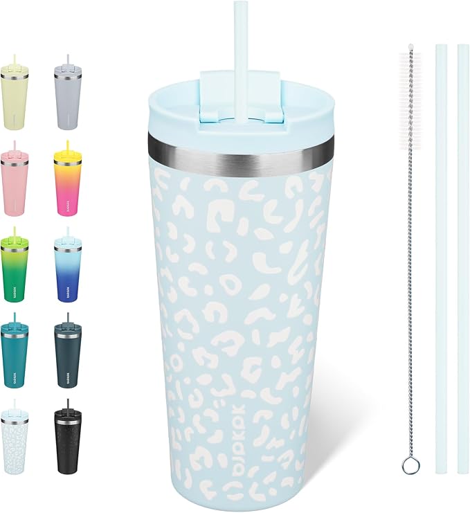 BJPKPK 22 oz Coffee Tumbler with Straw, Insulated Stainless Steel Cup | Double Wall Vacuum, Leak Proof Lid, Keeps Hot/Cold/Iced, BPA Free, Cupholder Friendly, Travel, Light Blue Leopard