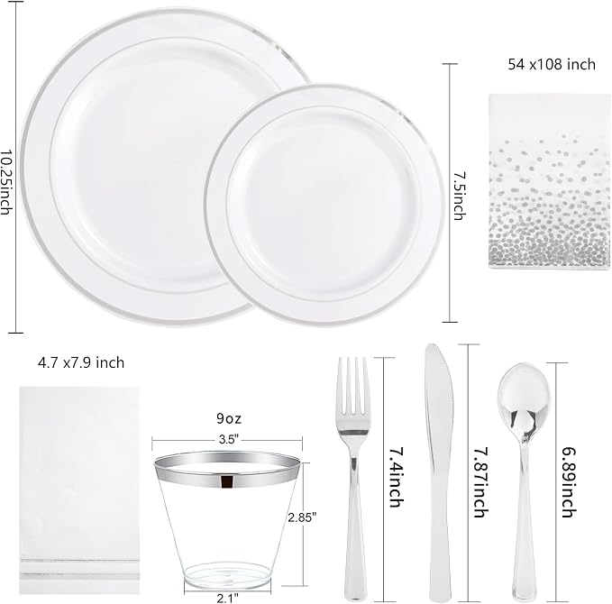 GATHER 176PCS Silver Plastic Plates for Wedding and Party | White and Silver Disposable Plates include 50 Plates, 75 Silverware, 25 Napkins, 25 Cups, 1 Tablecloth