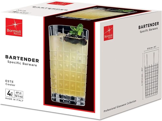 Bormioli Rocco Bartender Este 16.5 oz. Cooler Drinking Glasses for Cold Drinks, Juices, and Cocktails, Clear, Set of 4